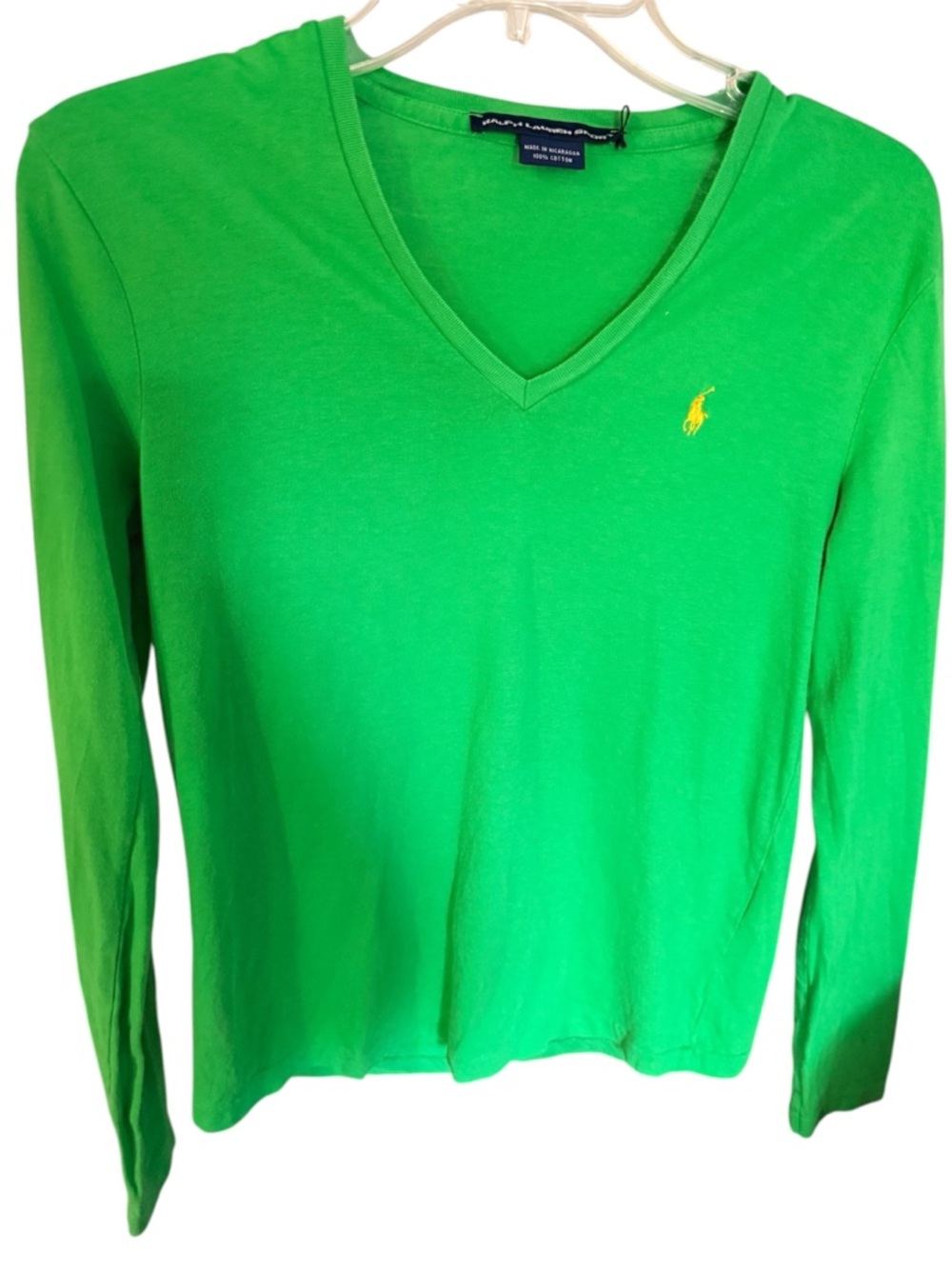 Ralph Lauren Green V-Neck Long Sleeve Tee Y2K Sz. S